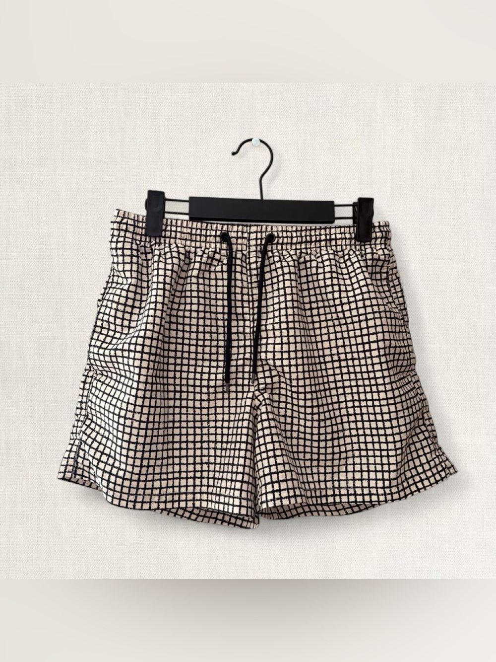 Zara Cream Shorts with Black Grid Drawstring